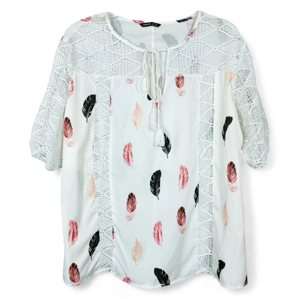 Noracora Top Womens Size White with Feather Print Lace Detail